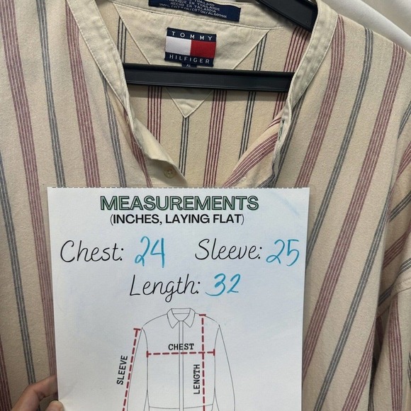 Vintage Tommy Hilfiger Shirt Adult XL Beige Red Button Up Vertical Stripes Mens - Picture 5 of 8
